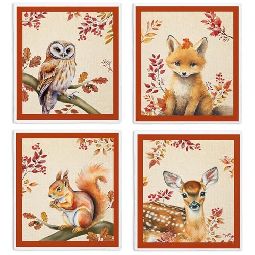 LARTSFRO Cute Animal Swedish Dishcloths for Kitchen Cloths Towels, Cute Deer Fox Owl Squirrel Autumn Farm House Gifts 4 Pack Dish Cloths for Kitchen, Papaya Reusable Cleaning Paper Towels Washable