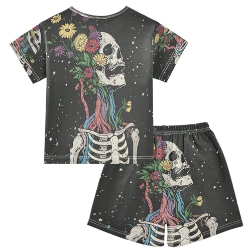 senya Short Sleeve Pajamas Sets Summer Cotton Sleepwear Skeleton Holding Flowers2