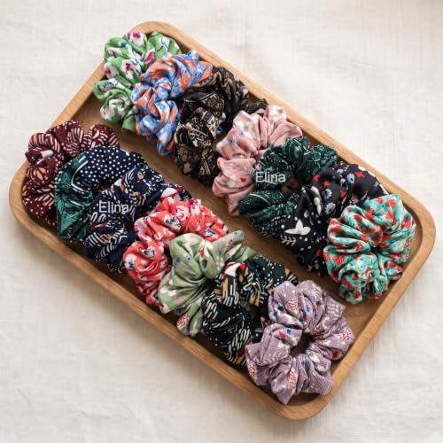 Image of Elina Luxury Printed Scrunchies Set Anti-Hair Breakage, Dark Patterned Hair Ties for Girls & Women, Soft Elastic Ponytail Holders, Best Gift For Mom, Sister, Friends (Pack of 12)(Dark Prints Mix)