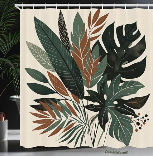 ABAKUHAUS Monstera Duschvorhang, Abstrakte Boho Tropische Blätter Palme Banane Olive EIN Tanz der Natur, Stoffliches Gewebe Badezimmerdekorationsset mit Haken, 175 x 200 cm, Salbeigrün Fawn Evergreen