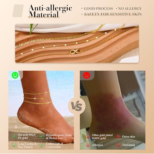Image of Kenivira Sterling Silver Ankle Bracelets for Women,Gold Dainty Layered Waterproof Anklet for Women, Anklet Set Stackable Beach Gift Adjustable Size