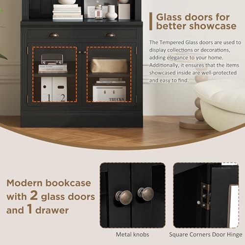 Image of Bookshelves and Bookcases with LED Floor Standing Display Storage Shelves,Open Shelves, 2 Glass Doors and 1 Drawer, 83.4 in Tall Bookcase for Home Office, Living Room, Black