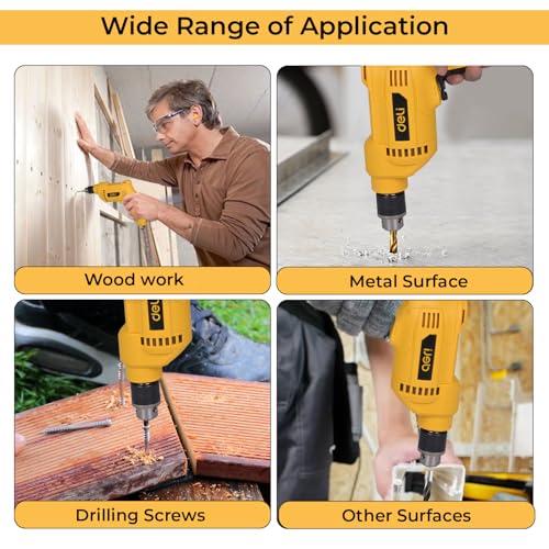 Image of Deli DL-DZ10-E3 500W Corded Electric Drill 0-3300RPM No-Load Speed 10mm Chuck Size 220-240V ~ 50 /60Hz Drilling Machine with Forward /Reverse Rotation & Switch Lock Function (Pack of 1, Yellow)