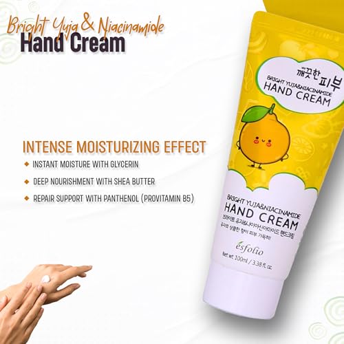 esfolio Yuja Vitamin C Hand Cream – Deep Hydration with Yuja Extract – Nourishing, Fast-Absorbing Hand Moisturizer for Dry, Rough Skin – Korean Skincare for Soft & Smooth Hands (3.38 OZ/100ML)
