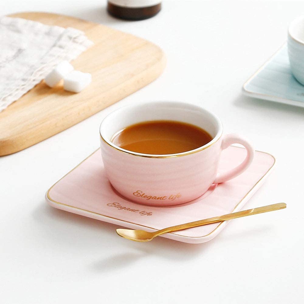 Ceramiczny Zestaw Filiżanek Do Kawy I Spodków Z Uchwytem 6,76 Uncji/200 Ml, Filiżanki Do Espresso, Kubki Do Cappuccino, Szklanki Do Picia, Kubki Do Piwa/Różowe,Pink