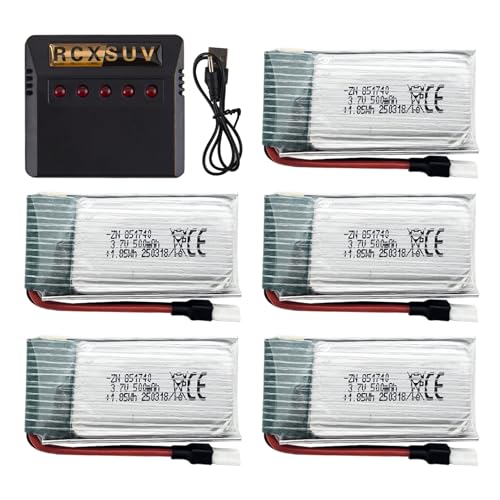 5Pcs 3.7V 500mAh LiPo Batteries with 5-in-1 USB Charger, Rechargeable RC Battery Pack for 2.4G RC Plane/Drones/Quadcopters/Mini RC Toys, Compact Lightweight Spare Power Supply