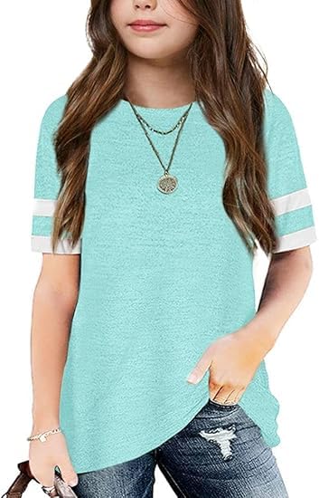 Haloumoning T-Shirt Mädchen Kurzarm Rundhals Tops Kinder Sommer Lose Streifen Shirt Casual Basic Sport Tees Oberteile 5-14 Jahre