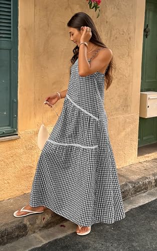 Image of ECOWISH Women Sleeveless Maxi Dress: Summer Spaghetti Strap Casual Loose Boho Beach Dress Asymmetric Tiered Flowy Long Dress
