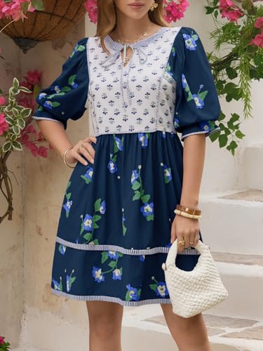 Image of Wenrine Womens Casual Floral Mini Dress Summer Patchwork Boho Shirt Dresses
