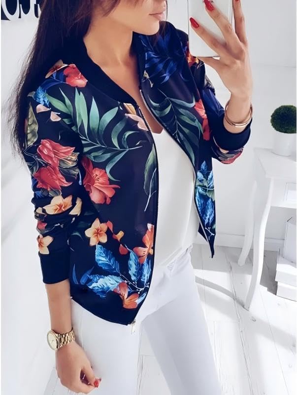 Chvity Womens Floral Jackets Zip Up Crewneck Long Sleeve Coat Lightweight Crop Casual Fall Spring Cardigan Top - Image 2