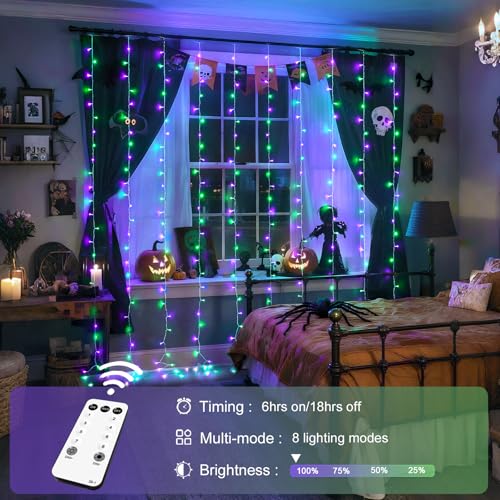 Image of JMEXSUSS 300LED Purple & Green Curtain Lights for Halloween Decor, Plug in | 9.8x9.8ft, Halloween Curtain Lights with Remote, Twinkle Hanging String Light for Bedroom Wall Window Backdrop Indoor Outdoor