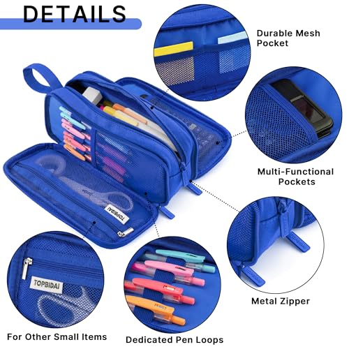 Image of TOPBIDAI Large Pencil Case Pouch for Girls Boy Women Men Adults | Big Capacity Canvas Pencil Bag, Office School Supplies, Multi Compartment Zipper Stationery Pen Box (Dark Blue)