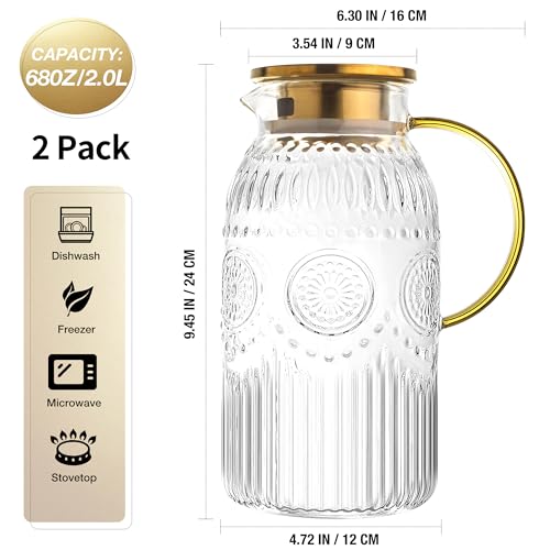 Image of Amzcku Glass Pitcher with Lid 68oz 2L Vintage Water Carafe Beverage 2Pack | Heat resistant glass, perfect for cold brew, coffee, lemonade, iced tea. Durable, stylish jug for daily use