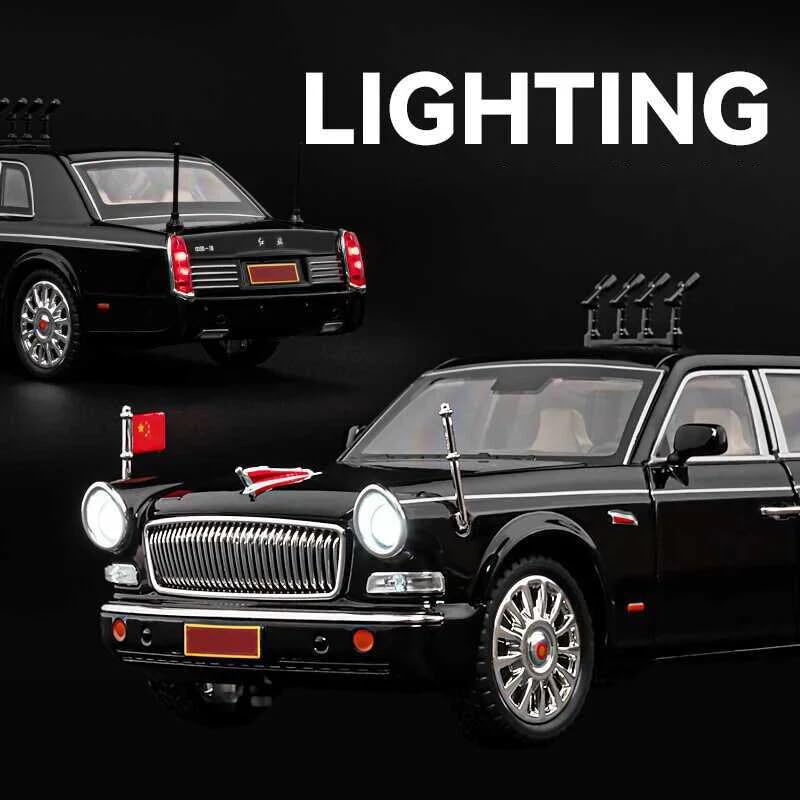 Image of 1:24 HONGQI L5 Military Parade Car Model | Diecast Metal Toy Car with Pull Back Action, Sound & Light | Openable Doors | Premium Vintage Sedan for Kids & Collectors