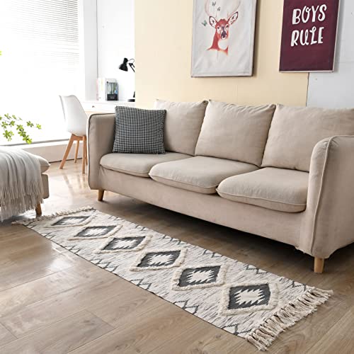 Boho Runner Rug 2'X6', Hallway Runner Rug Washable Rug Farmhouse Rug Floor Carpet Runner Kitchen Runner Rug With Tassels, Gray Tufted Cotton Woven Entryway Runner Rug #TOP2