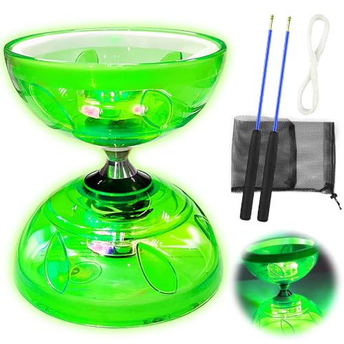Diabolo Freiläufer mit kugellager Dreifache Lagerung Set, 4,5mm Diabolo Leuchtend im Dunkeln Freizeitsport Jonglierspielzeug mit Handstäben für Erwachsene (Grün)