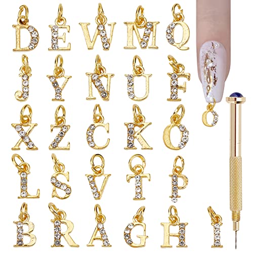 NICENEEDED 26Pcs A-Z Rhinestone Alphabet Nail Charms, Gold Letter Dangles with Nail Piercing Tool