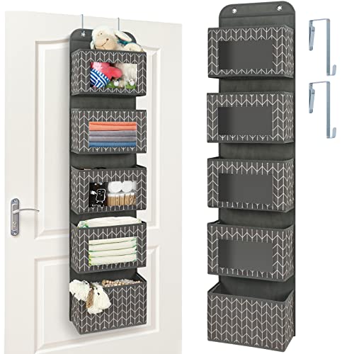 Image of Fixwal 5-Shelf Over The Door Hanging Organizer, Foldable Wall Mount Fabric Storage with Clear Window and 2 Metal Hooks for Pantry, Closet, Nursery, Bathroom, 50.4x11.8x5.5 Inches (Grey Pattern)