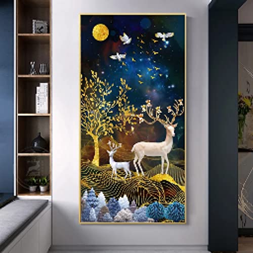 Affiche élan blanc arbre doré 60x120cm décoration murale salon sans cadre