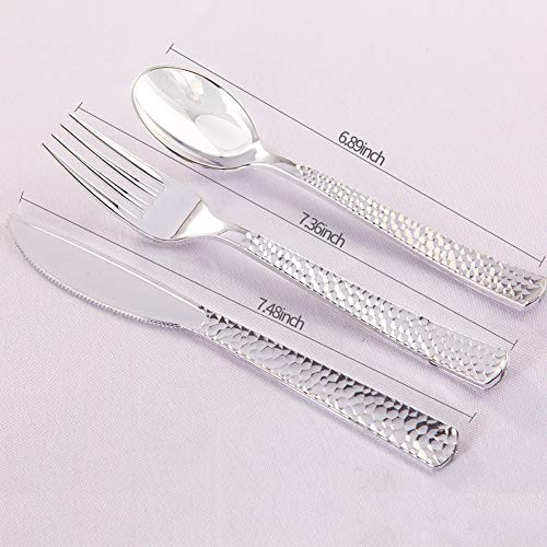 Supernal 360pcs Silver Plastic Cutlery,Elegant Plastic Silverware,Silver Hammed Silverware,Disposable Flatware,Include 120 Forks,120 Knvies,120 Spoons,Perfect for Birthday,Party,Wedding - Image 3
