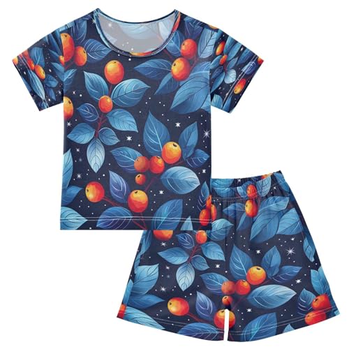 senya Short Sleeve Pajamas Sets Summer Cotton Sleepwear Blue Leaves Orange Fruit