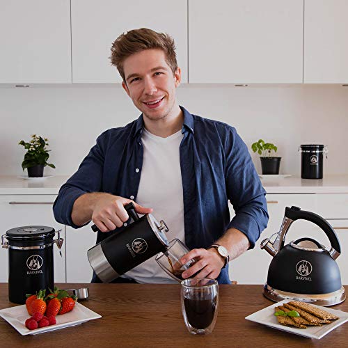 BARVIVO French Press Coffee Maker - Best for Brewing Your Favorite Cup of Coffee or Tea - Comes with a Small Portable Travel Jar - The Black Double Insulated Stainless Steel body holds 34oz