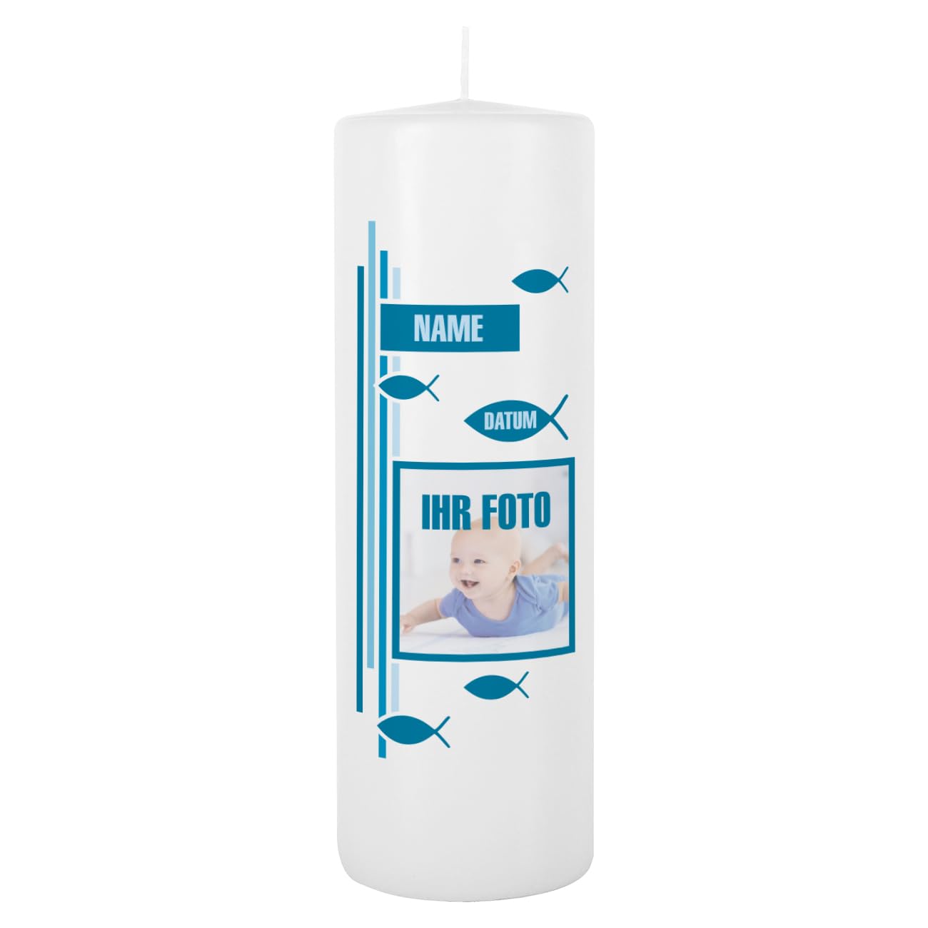 Striefchen® Taufkerze mit Foto, Namen u. Taufdatum, blau 8 x 25 cm (Kreuz)