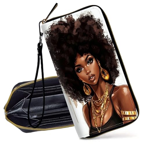 RFID Blocking Wristlet Wallet for Women, Slim PU Leather Clutch Purse with Zipper, Small Credit Card Holder with Wrist Strap, Travel Zip Wallet for Ladies,African Girl