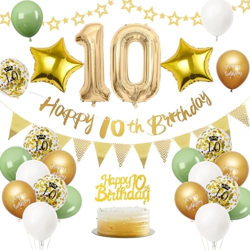 10. Geburtstag Deko Salbeigrüne, Luftballon Deko 10. Geburtstag Junge Mädchen, Geburtstagsdeko 10 Jahr, Grün Weiß Gold Luftballons 10 Geburtstags mit Banner Tortendeko für Geburtst