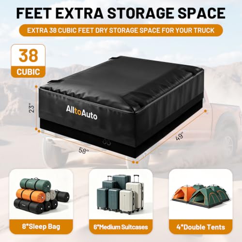 Image of 38 Cubic Feet Truck Bed Cargo Bag, Waterproof with Heavy Duty PVC | 58 inchx49 inchx23 inch Jumbo Size, Heat-Glued Seams, 3-Sides Zipper, Fastern by 4*Bungee Cords Fits All Pickups, Black