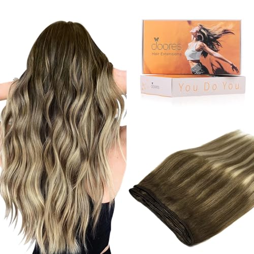 Image of DOORES Weft Hair Extensions, Balayage Walnut Brown to Ash Brown and Bleach Blonde 16 Inch 100g, Sew In Real Human Hair Straight Natural Weave
