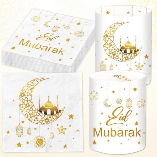 20 Stück Ramadan Servietten + 12 Stück Windlicht Tischdeko Ramadan Deko Tisch Set Gold Eid Umrah Hajj Mubarak Dekoration Bayram Islam Deko Kinder Stern Mond Zubehör Islamische Ramadan Geschenke