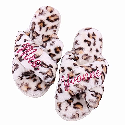 Personalized Fluffy Slipper Multiple Color Choices Your Name Pink White Leopard Tie Dye Bridesmaid Gifts for Women Cozy Spa Wedding Favor