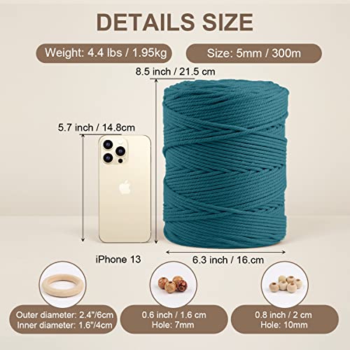 Image of ZUEXT Macrame Cord, Peacock Blue, 5mm x 328yds Cotton String Macrame Yarn | Natural Handmade, 4 Strands Twisted Cotton Rope, for Craft Wall Hanging Weaving Tapestry Dream Catchers Hanger DIY Gift, 300m