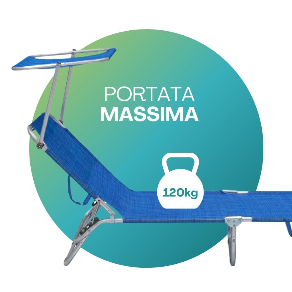 PALUPLUS Lettino Prendisole Pieghevole con Tetto Parasole con BORSA Portalettino, Misura 180x55x90 cm, Tessuto Textilene, Struttura Metallo Tubolare da 18mm, Peso Max 120kg -9301F (Blu)