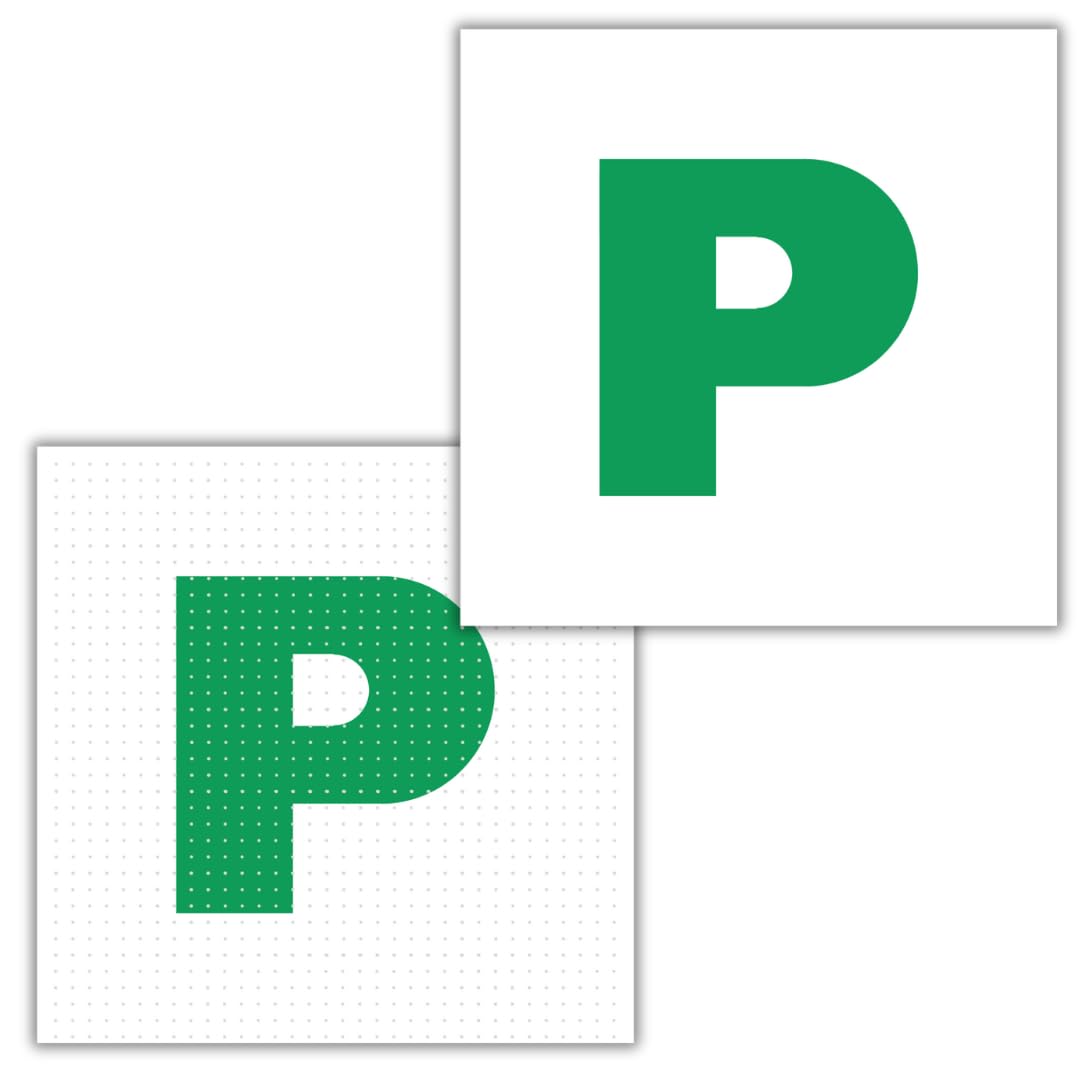 P Plate Stickers for New Driver | Micro-Perforated Tech: See-Through Inside, Bold Outside | Includes Both Micro-Perforated & Solid Vinyl Stickers | 7"x7" | C&J Goods (2 Pack)