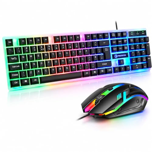 JUSTOP USB Wired Keyboard and Mouse Set Luminous LED Lights Full Size Slim Keyboard LED Gaming Mouse Game or Business UK Layout For PC Laptop Windows And Chrome OS PS4 PS5 Xbox One etc