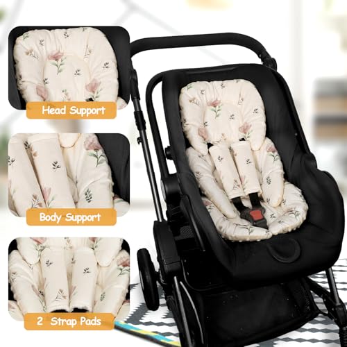 Image of Infant Car Seat Insert with 2 Strap Pads, Super Soft Carseat Head and Body Support for Baby Boys and Girls, Reversible Newborn Car Seat Insert Cushion for Strollers, Bouncers, Swing, Simple flowers