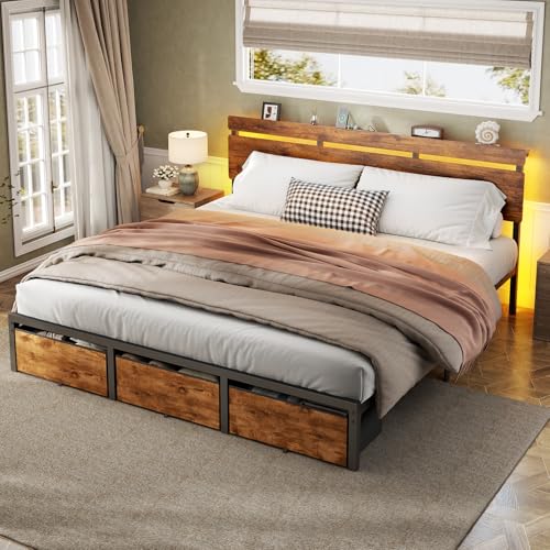 Image of Forestell King Size Bed Frame with Wood Headboard, Metal Platform Bed with 3 Storage Drawers & Shelf, Built-in Charging Station & LED Lights, No Box Spring Needed, Vintage Brown, Camas King