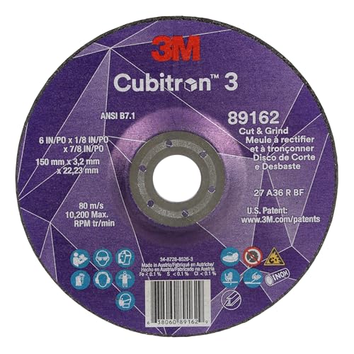 Image of 3M Cubitron 3 Cut and Grind Wheel, 89162, 36+, T27, 6 in x 1 /8 in x 7 /8 in, Pack of 10, ANSI, Longer Life, Faster Cut, Back-Gouging, Fillet Weld Removal, Cutting, Grinding