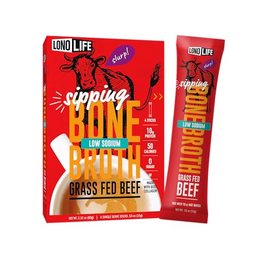 Image of LonoLife Low Sodium Beef Bone Broth Powder Mix | Grass-Fed, 10g Protein | Collagen-Rich, Keto & Paleo Friendly | Natural Ingredients | 4 Portable Stick Pack Servings