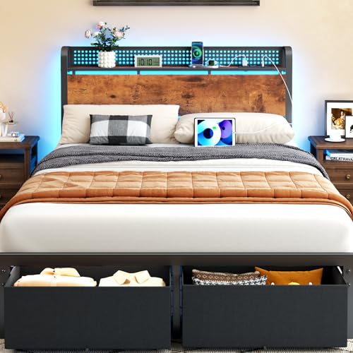 Image of Furnulem Full Size Bed Frame with Headboard Storage, Platform Bed Frame Full Size with 2 Drawers, Charging Station and LED Lights, No Box Spring Needed, Noise Free, Easy Assembly (800 lbs Capacity)