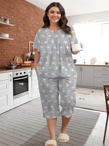 Heat Move Plus Size Pajamas Sets for Women 2 Piece Soft Sleepwear Short Sleeve Top and Capri Pant Pjs Loungewear with Pockets3