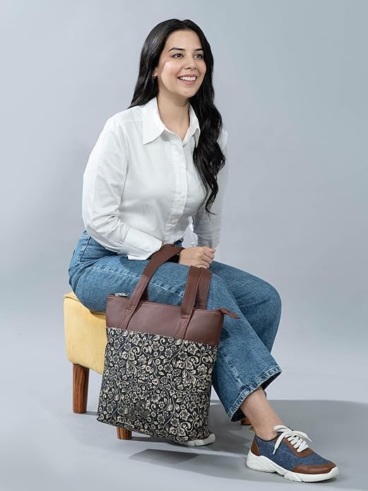 Women’s Printed Jute & Vegan Leather Tote Bag – Handcrafted Shoulder Handbag, Spacious Everyday Work Bag for Office, Travel & Daily Use