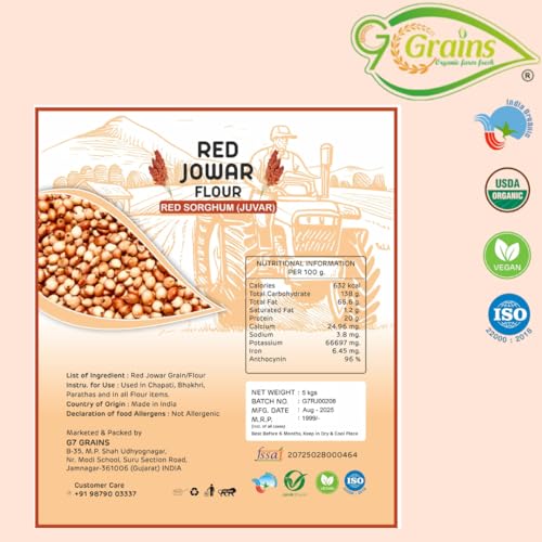 Image of Organic Red Sorghum Flour (5Kg) For Eating And Cooking | Lal Juvar Atta | Produce Of India From Organic Farms By G7 GrainsRed Sorghum Flour (