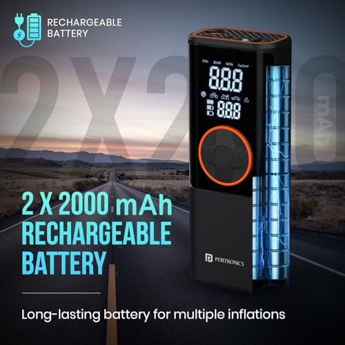 Image of Portronics Vayu 4.0 Tyre Inflator with 2-in-1 Rechargeable & Corded Power, Preset Inflation Modes, Digital Display, Flashlight Torch, Auto Shut-Off, Air Pump Compressor for Car & Bike (Black)