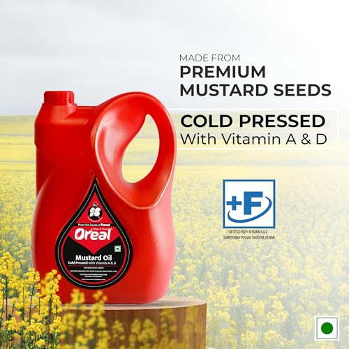 Image of Oreal Premium Kachi Ghani Mustard Oil | 5 Litre | Natural & Pure Sarson Ka Tel | Cold Pressed | Cholesterol-Free | Rich in Omega 3 & 6 | Boosts Immunity | Ideal for Cooking & Pickling Sarso Oil