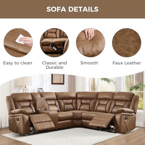 Image of EBELLO Faux Leather Reclining Sectional Sofa Set for Living Room, 1 Recliner Chair and L-Shaped Reclining Couches Home Furniture Set with Center Console, Hidden Cup Holders and Storage, Brown