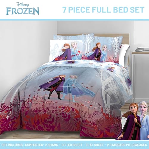 Image of Disney Frozen 2 Forest Spirit 7 Piece Full Bed Set - Includes Reversible Comforter & Sheet Set - Bedding Features Elsa and Anna - Super Soft Fade Resistant Microfiber - (Official Disney Product) | Bed in a Bag, Comforter Sheets Shams Pillowcases, Official Brand, Soft Microfiber, Machine Washable, Girls Gift