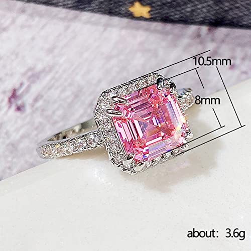 Vsoruln 925 Sterling Silver Shiny Full Diamond Ring Square Pink Princess RingCocktail Rings Round Cut Cubic Zirconia Promise Rings CZ Diamond Halo Ring Eternity Engagement Band Ring for Women (6)2